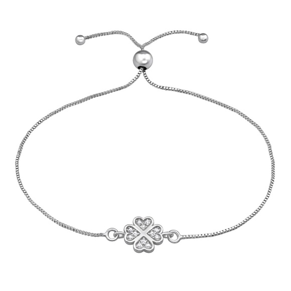 Rhodium Plated Sterling Silver Four-Leaf Clover Bracelet – Adjustable with CZ - Picture 1 of 2